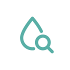 teal icon of a blood droplet and magnifying glass