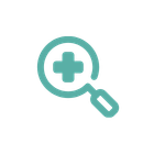 teal icon of a magnifying glass with a medical symbol inside