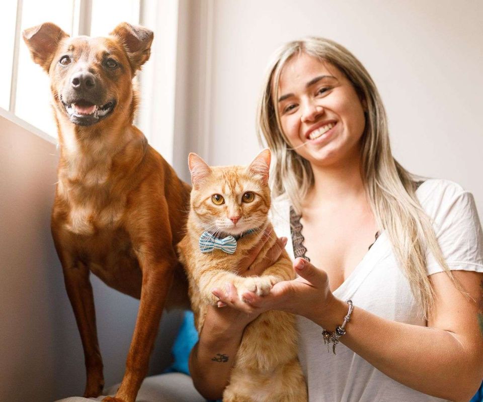 woman, dog and cat